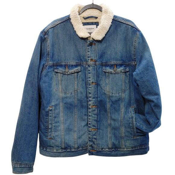 Goodfellow & Co. Sherpa Lined Denim Trucker Jacket Faux Fur Blue Wash Mens XL - Picture 2 of 11